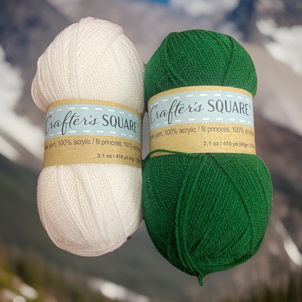 Lot Of 2 Skeins Crafter's Square Acrylic Yarn‎ Skein 2.1 oz. Each White Green